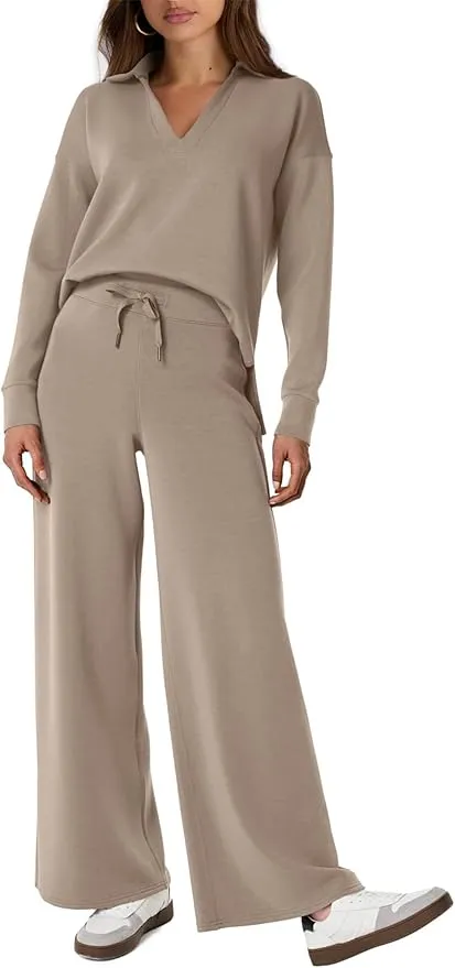 NEW Women's 2 Piece Sets Outfits Casual Long Sleeve Sweatsuits Sets, Wide Leg Pants Sets, Brown, Sz S