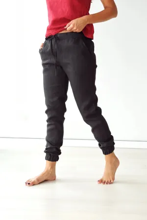 NEW Women's Drawstring Slim Fit Natural Linen Pant with Pockets Lightweight Breathable - Color: Black - Size M Fits S-M - Retails $72