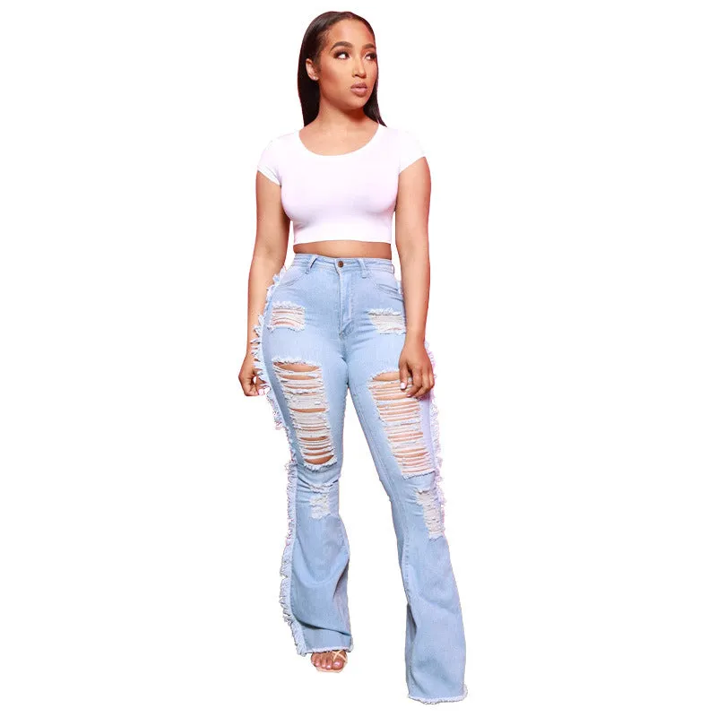 Newest Breathable Fringed Jeans Women's Ripped Flare Bell Bottom Pants