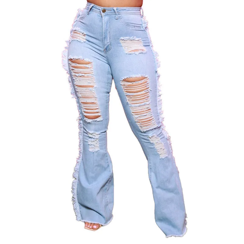 Newest Breathable Fringed Jeans Women's Ripped Flare Bell Bottom Pants