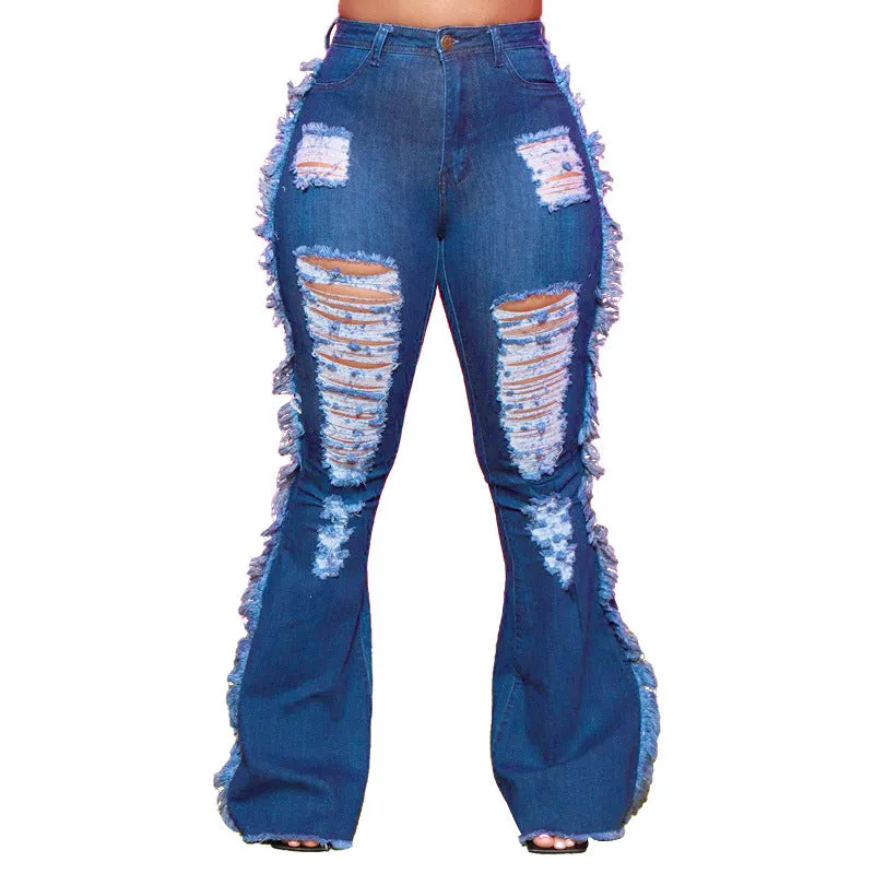 Newest Breathable Fringed Jeans Women's Ripped Flare Bell Bottom Pants