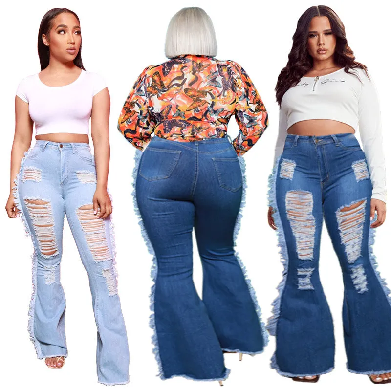 Newest Breathable Fringed Jeans Women's Ripped Flare Bell Bottom Pants