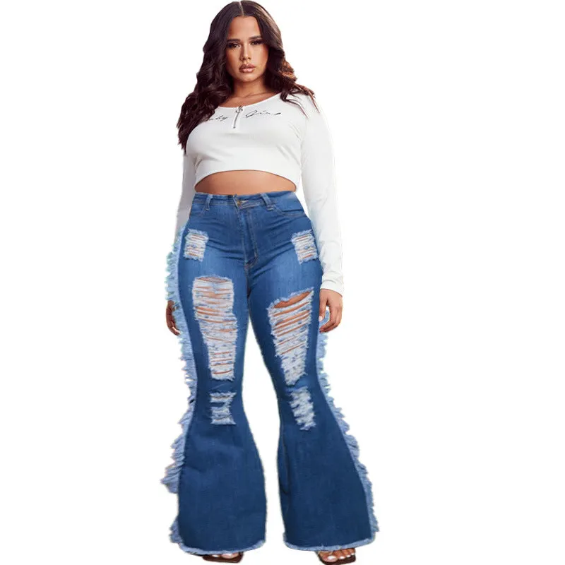 Newest Breathable Fringed Jeans Women's Ripped Flare Bell Bottom Pants