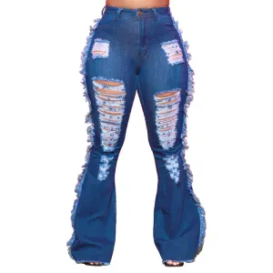 Newest Breathable Fringed Jeans Women's Ripped Flare Bell Bottom Pants