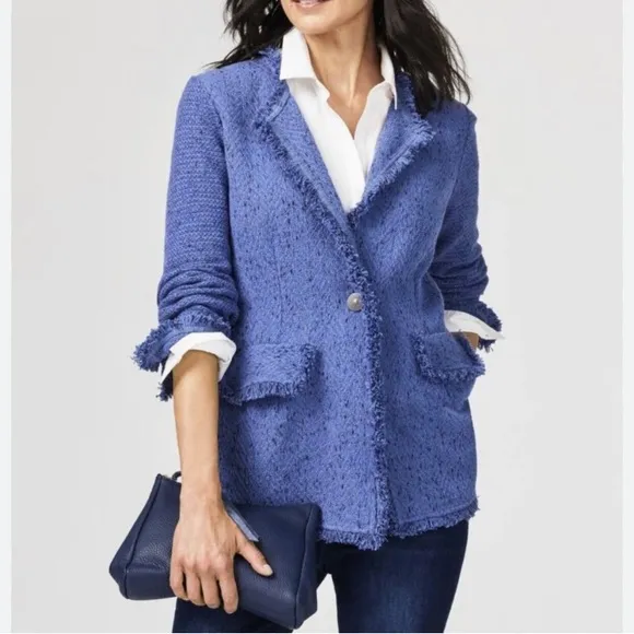 Nic &amp; Zoe Fringe Mix Women's Cornflower Blue Knit Jacket Size 2X