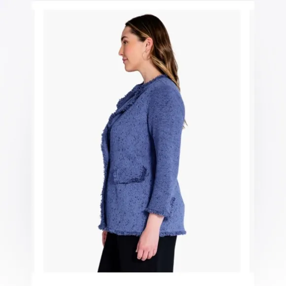 Nic &amp; Zoe Fringe Mix Women's Cornflower Blue Knit Jacket Size 2X