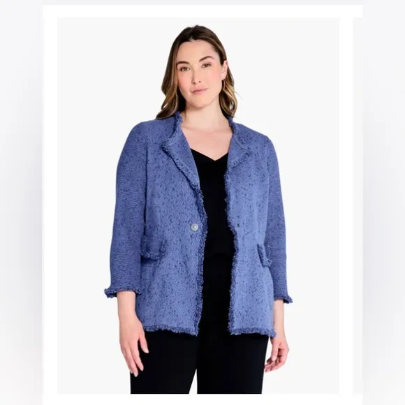 Nic &amp; Zoe Fringe Mix Women's Cornflower Blue Knit Jacket Size 2X