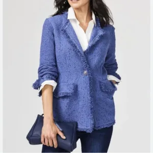 Nic &amp; Zoe Fringe Mix Women's Cornflower Blue Knit Jacket Size 2X
