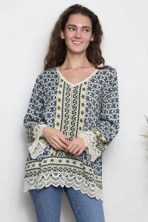 Nostalgia Printed Long Bell Sleeve Top With Lace Trim. 50% Off Clearance sale!