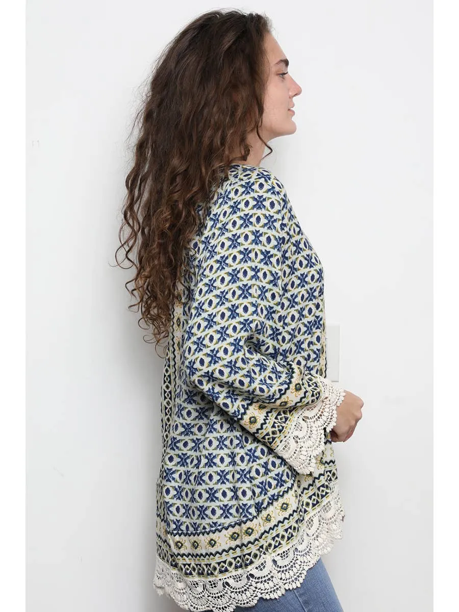 Nostalgia Printed Long Bell Sleeve Top With Lace Trim. 50% Off Clearance sale!