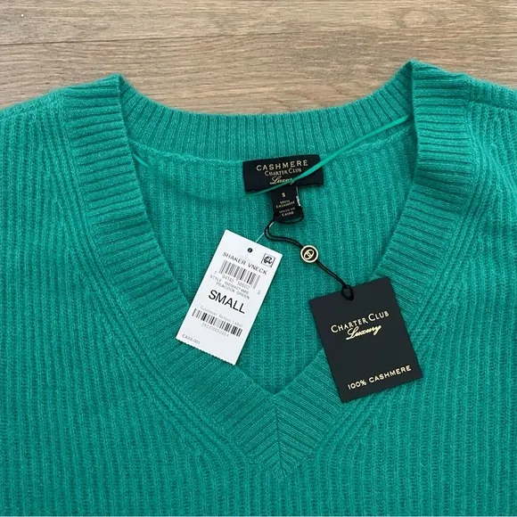 NWT Charter Club 100% Cashmere Green Ribbed V-Neck Pullover Sweater Size Small