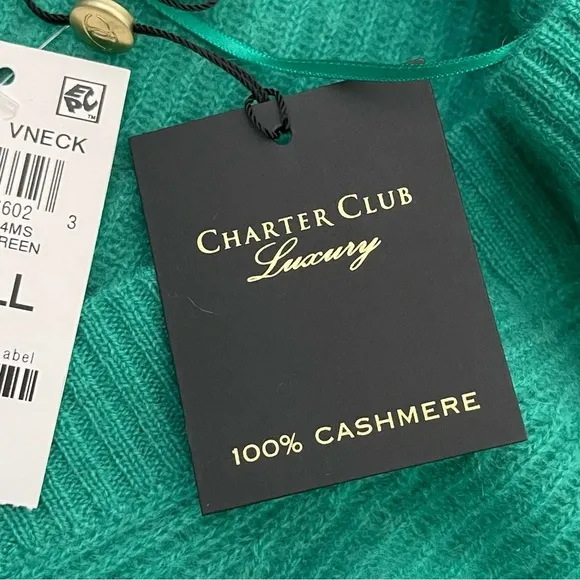 NWT Charter Club 100% Cashmere Green Ribbed V-Neck Pullover Sweater Size Small