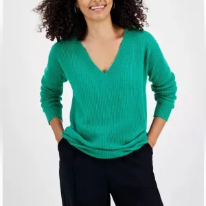 NWT Charter Club 100% Cashmere Green Ribbed V-Neck Pullover Sweater Size Small