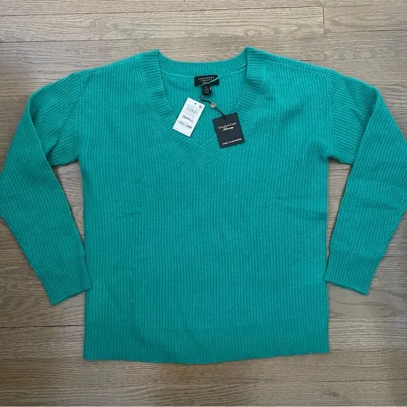 NWT Charter Club 100% Cashmere Green Ribbed V-Neck Pullover Sweater Size Small