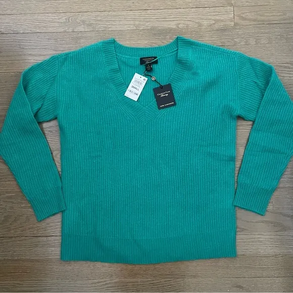 NWT Charter Club 100% Cashmere Green Ribbed V-Neck Pullover Sweater Size Small