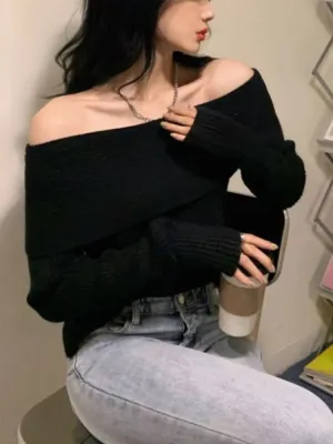 Off Shoulder Knitted Sweater for Women Long Sleeve Elegant Pullovers Autumn Winter Y2k Style