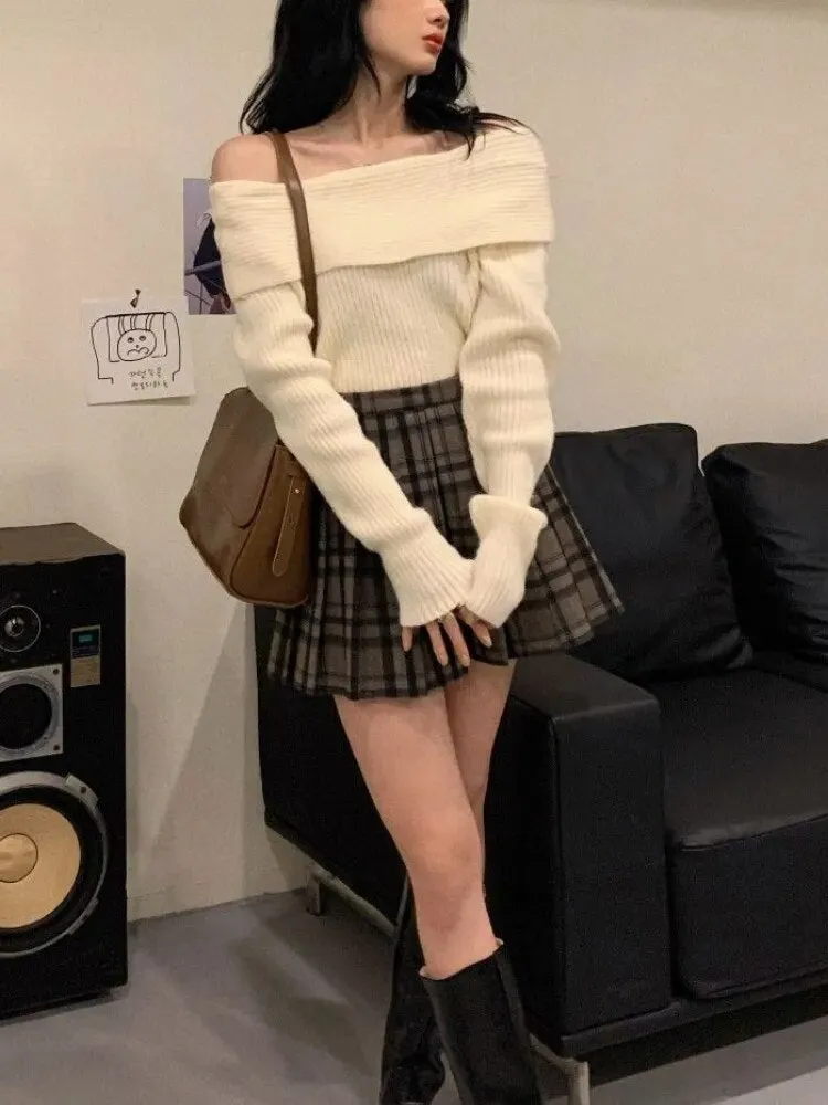 Off Shoulder Knitted Sweater for Women Long Sleeve Elegant Pullovers Autumn Winter Y2k Style