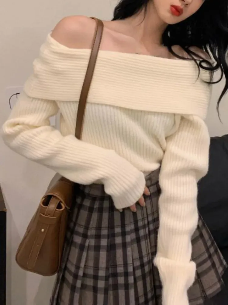 Off Shoulder Knitted Sweater for Women Long Sleeve Elegant Pullovers Autumn Winter Y2k Style