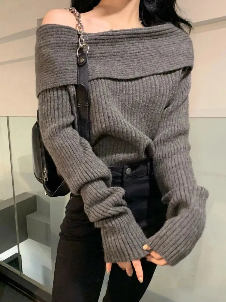 Off Shoulder Knitted Sweater for Women Long Sleeve Elegant Pullovers Autumn Winter Y2k Style
