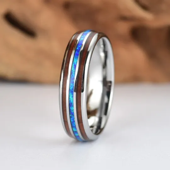 Opal Valor Grey Tungsten Koa Wood Blue Opal Women's Wedding Band 6MM
