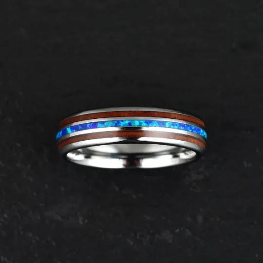 Opal Valor Grey Tungsten Koa Wood Blue Opal Women's Wedding Band 6MM