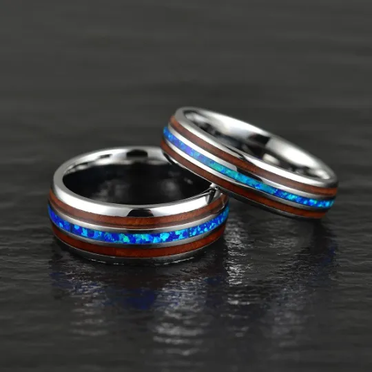 Opal Valor Grey Tungsten Koa Wood Blue Opal Women's Wedding Band 6MM