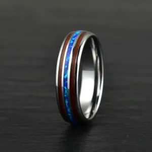 Opal Valor Grey Tungsten Koa Wood Blue Opal Women's Wedding Band 6MM