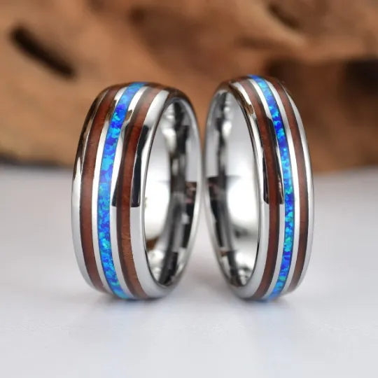 Opal Valor Grey Tungsten Koa Wood Blue Opal Women's Wedding Band 6MM