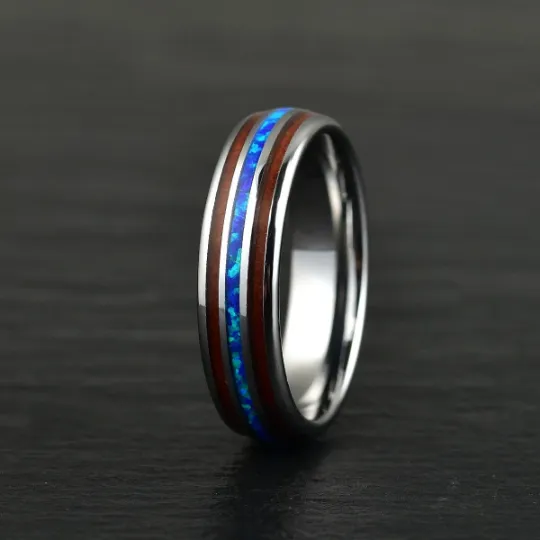 Opal Valor Grey Tungsten Koa Wood Blue Opal Women's Wedding Band 6MM