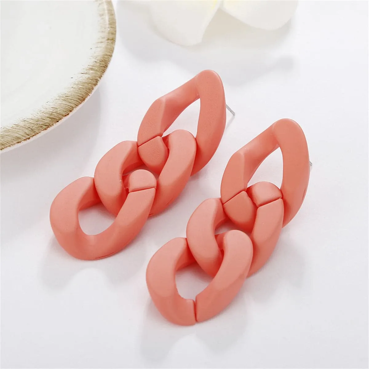 Orange Chunky Curb Chain Drop Earrings