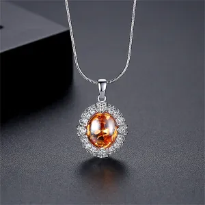Orange Crystal & Cubic Zirconia Heart Oval Pendant Necklace