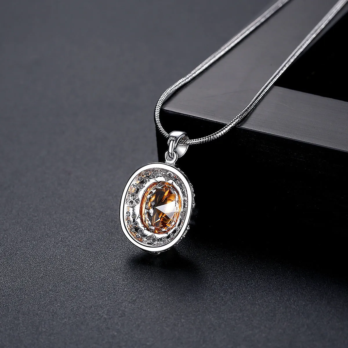 Orange Crystal & Cubic Zirconia Heart Oval Pendant Necklace