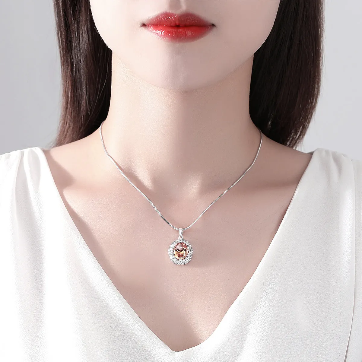 Orange Crystal & Cubic Zirconia Heart Oval Pendant Necklace