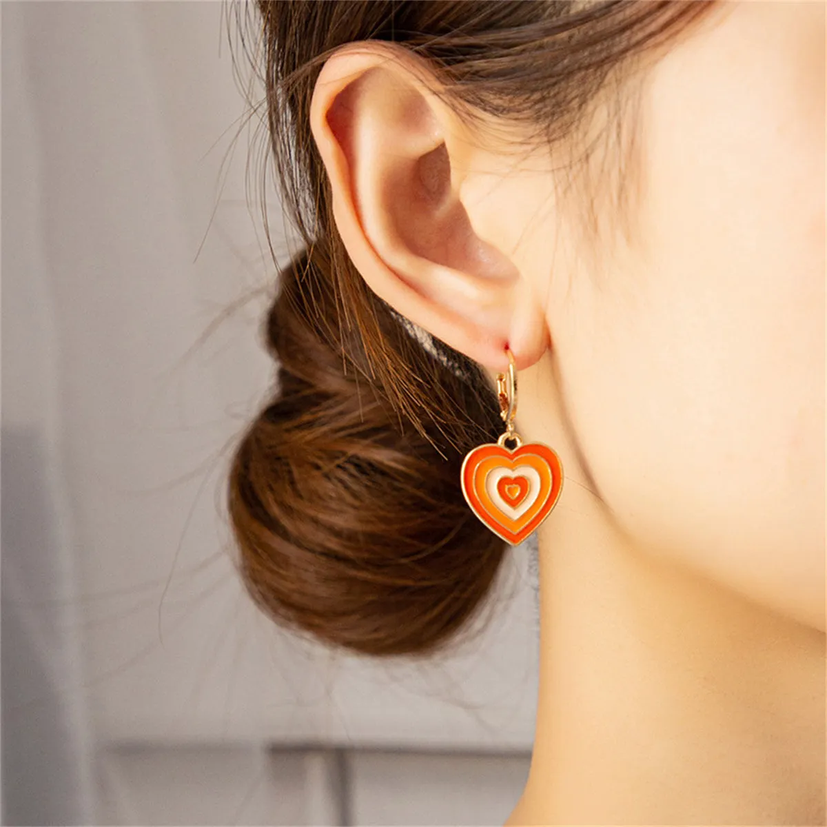 Orange Enamel & 18K Gold Halo Heart Drop Earrings