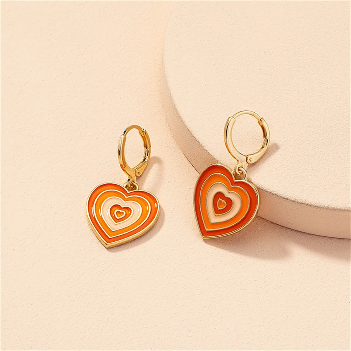 Orange Enamel & 18K Gold Halo Heart Drop Earrings