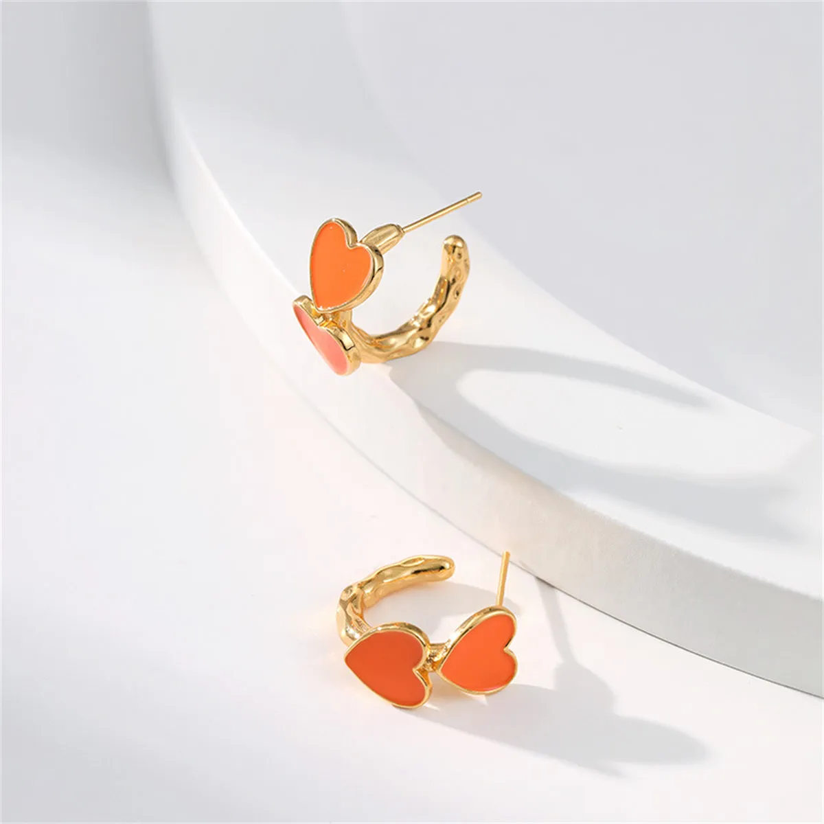 Orange Enamel & 18K Gold-Plated Heart Huggie Earrings