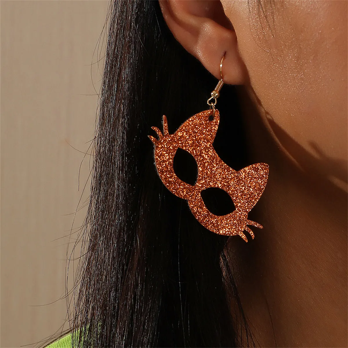 Orange Polystyrene & 18K Gold-Plated Glitter Cat Mask Drop Earrings