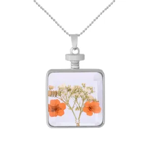 Orange Pressed Flower & Silver-Plated Square Pendant Necklace