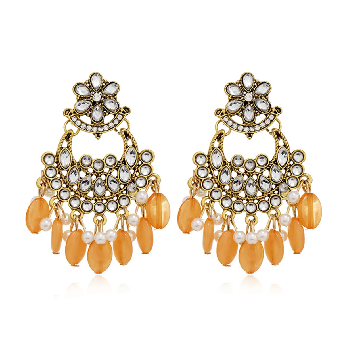 Orange Resin & Crystal Cubic Zirconia 18K Gold-Plated Floral Tassel Drop Earrings