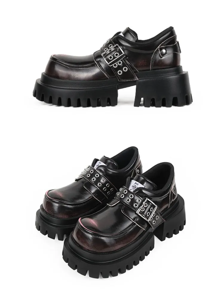 Patent Leather Look Chunky Platform Metal Buckle Eyelet Belt Loafers【s0000011892】