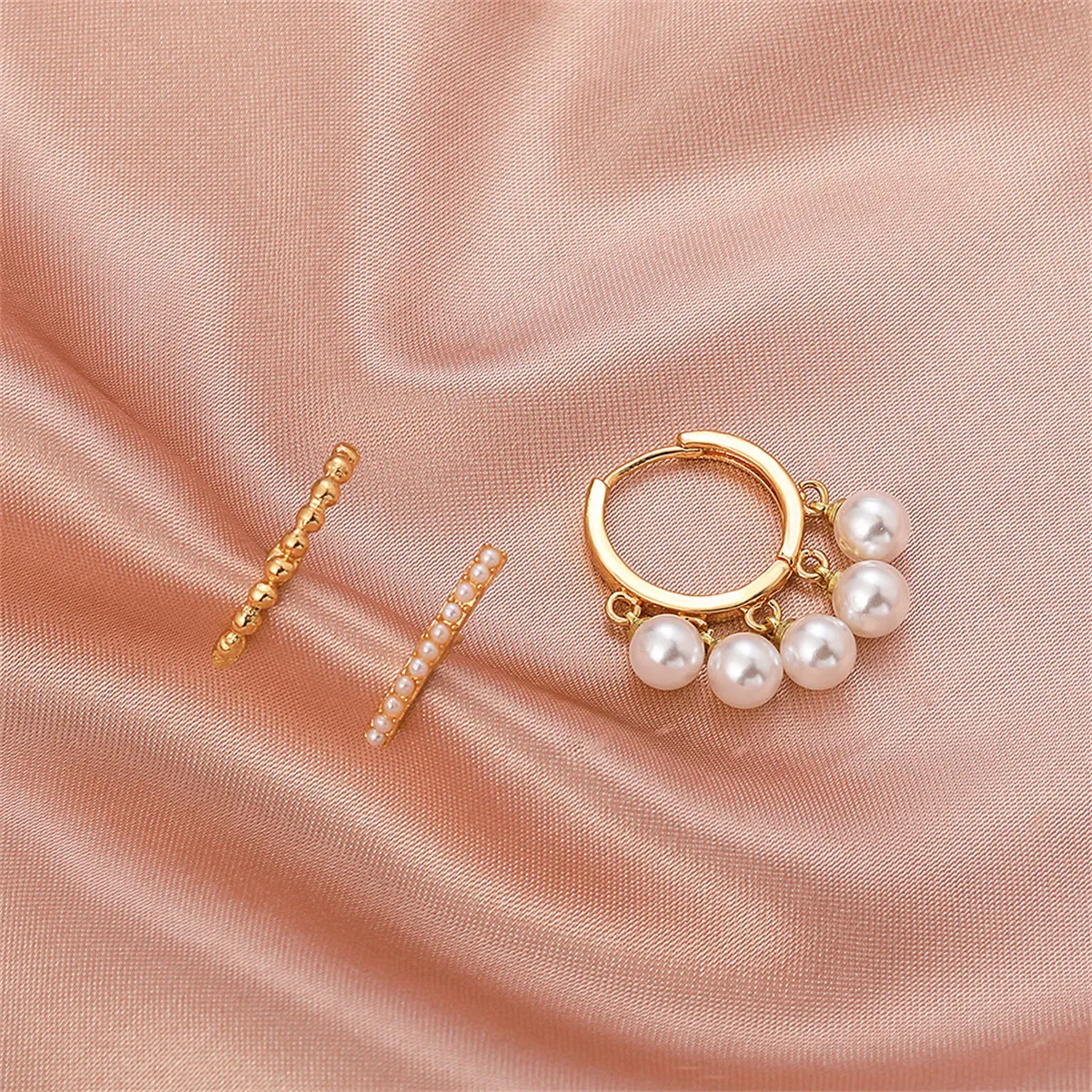 Pearl & 18K Gold-Plated Beaded Three-Piece Stud & Huggie Earring Set