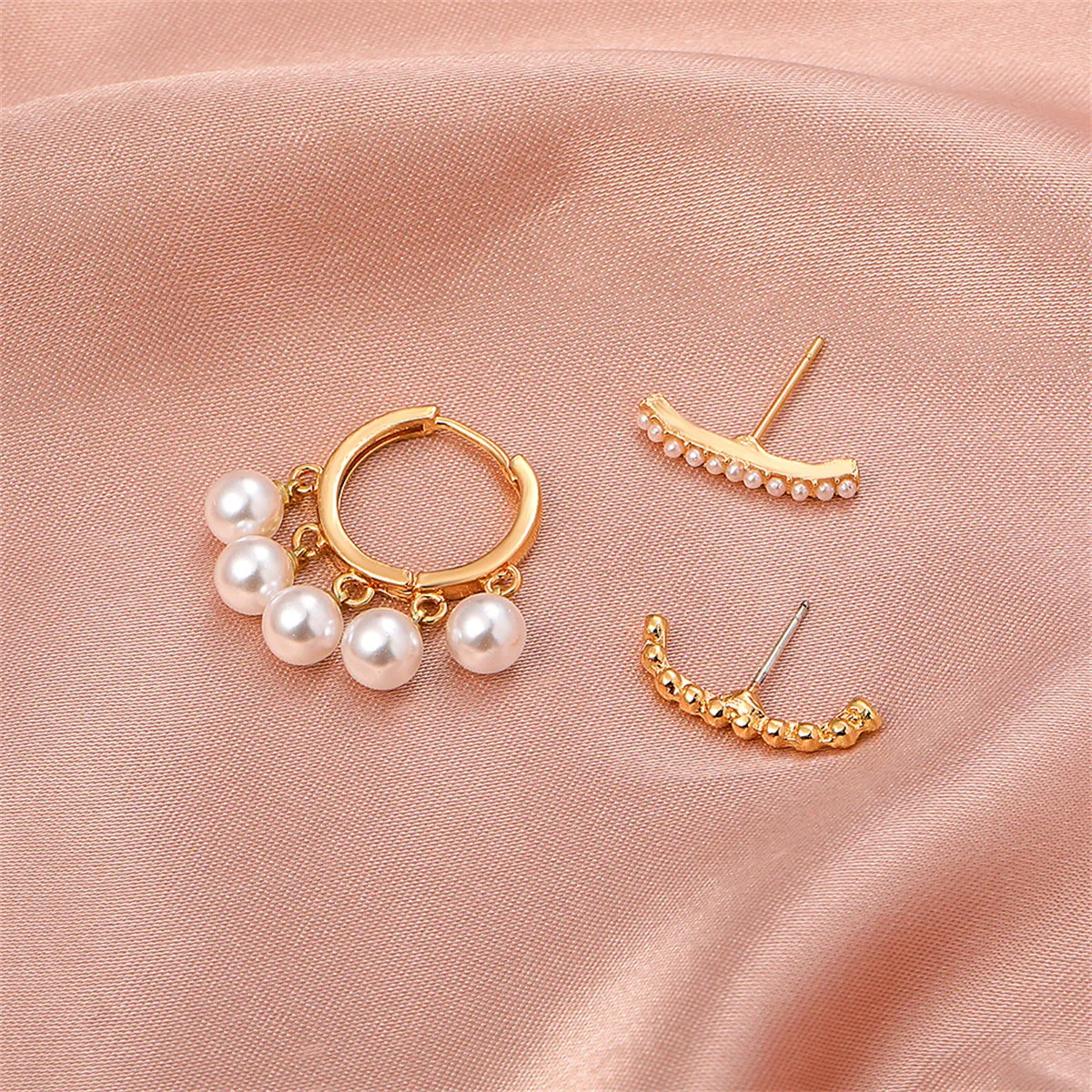Pearl & 18K Gold-Plated Beaded Three-Piece Stud & Huggie Earring Set