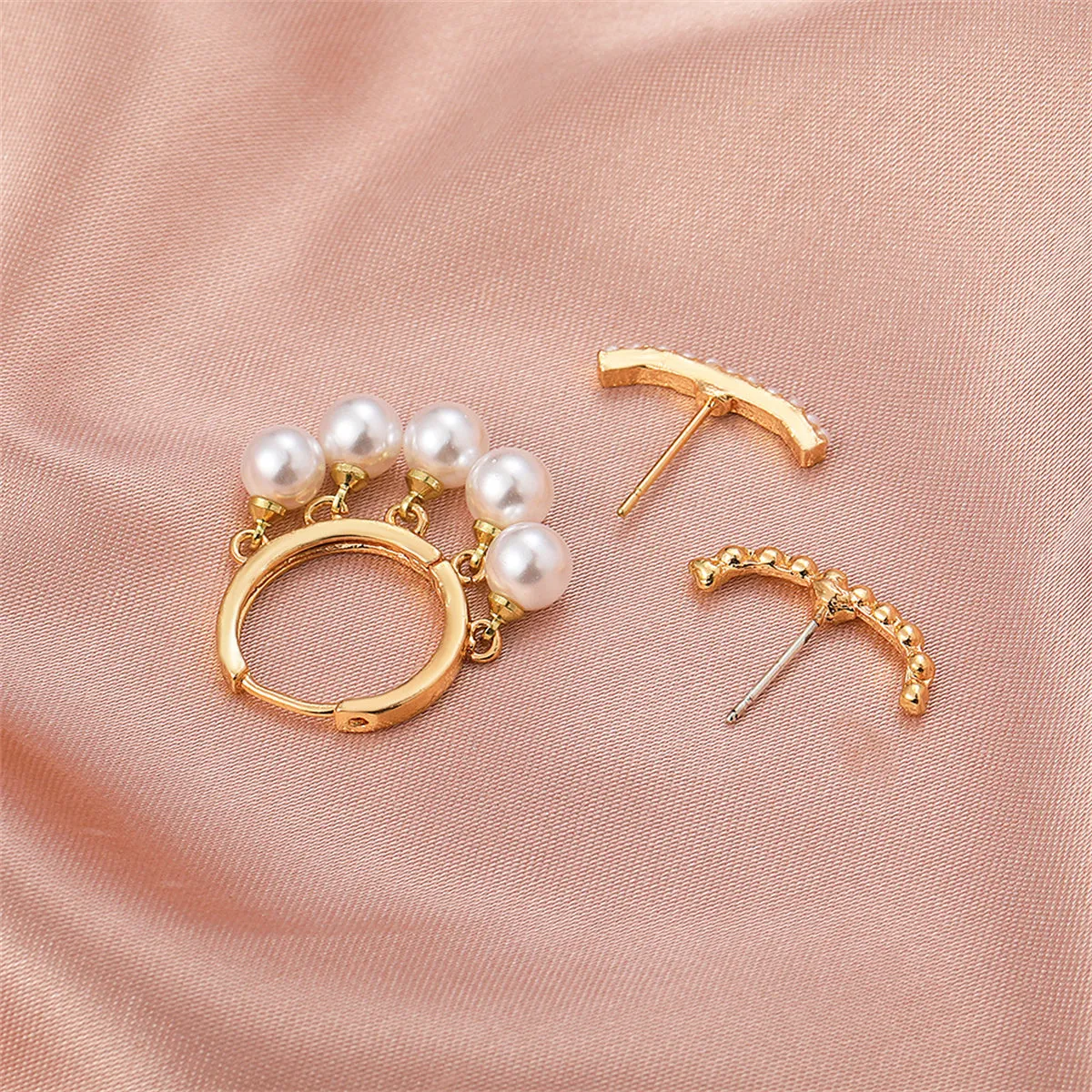 Pearl & 18K Gold-Plated Beaded Three-Piece Stud & Huggie Earring Set
