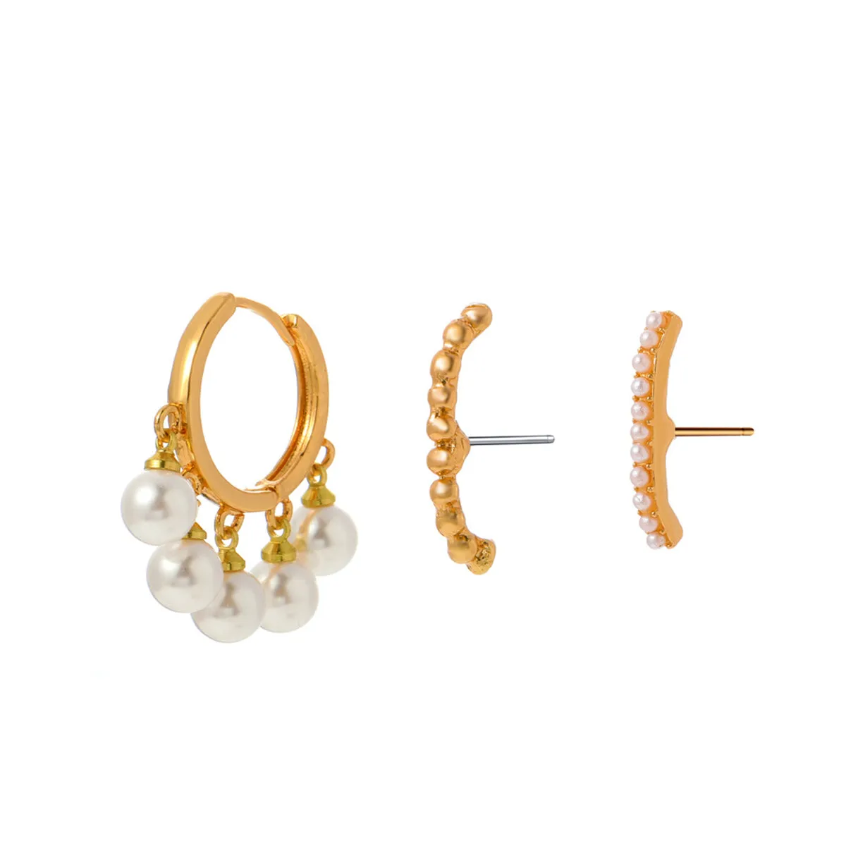 Pearl & 18K Gold-Plated Beaded Three-Piece Stud & Huggie Earring Set