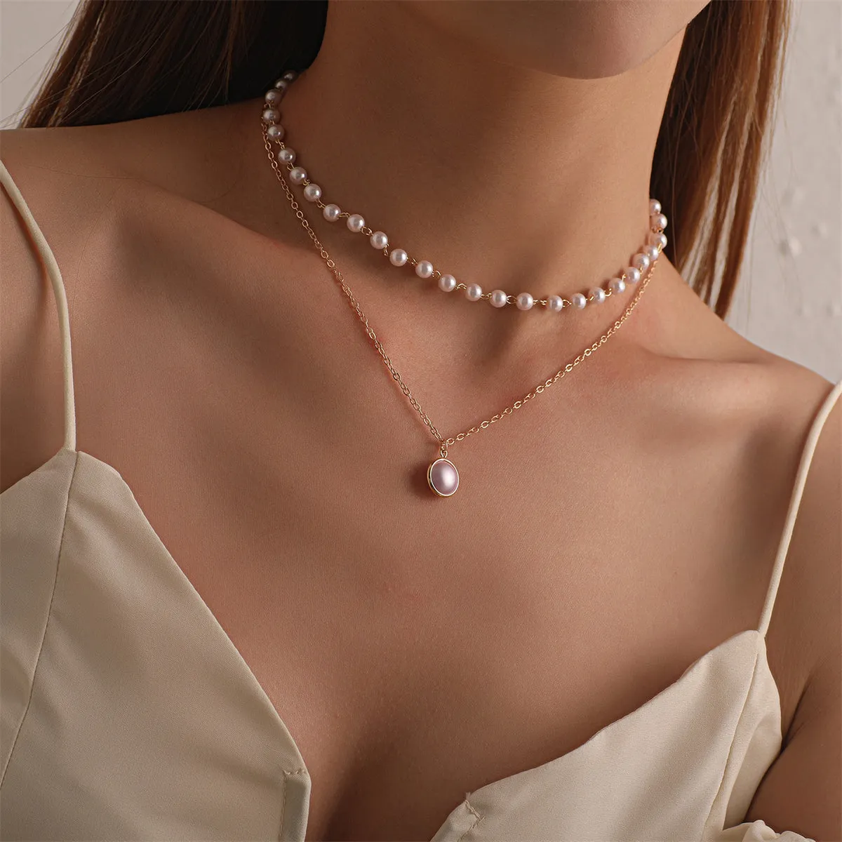 Pearl & 18K Gold-Plated Round Layered Pendant Necklace