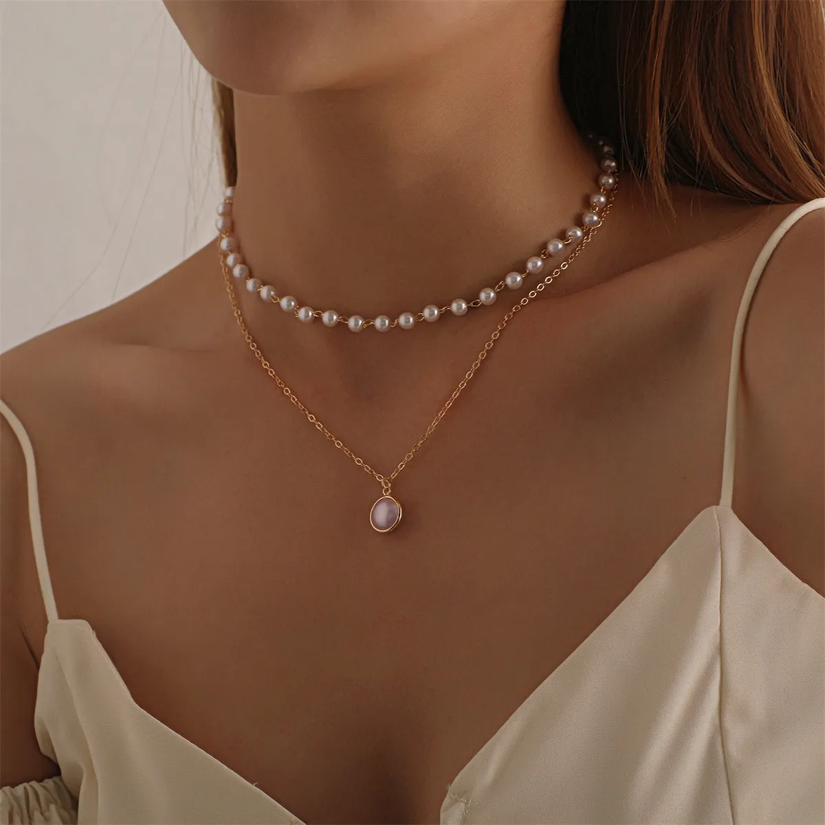 Pearl & 18K Gold-Plated Round Layered Pendant Necklace