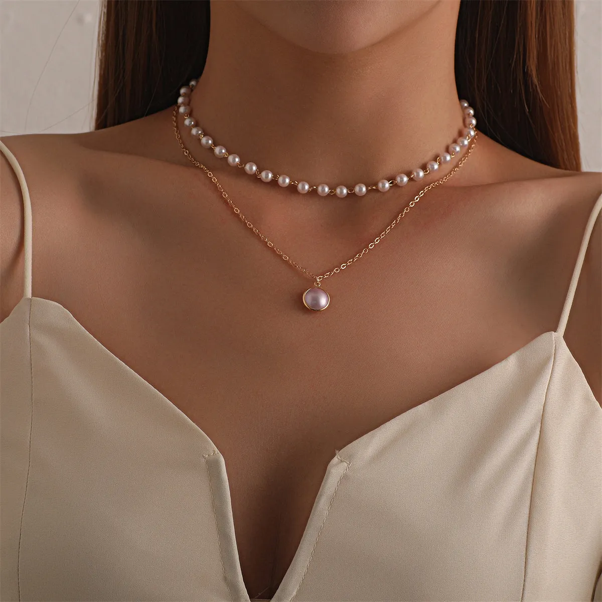Pearl & 18K Gold-Plated Round Layered Pendant Necklace