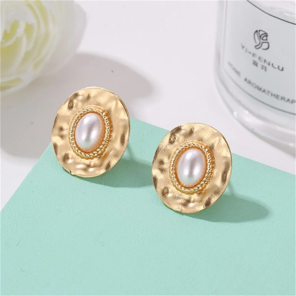 Pearl & 18K Gold-Plated Textured Oval Stud Earrings