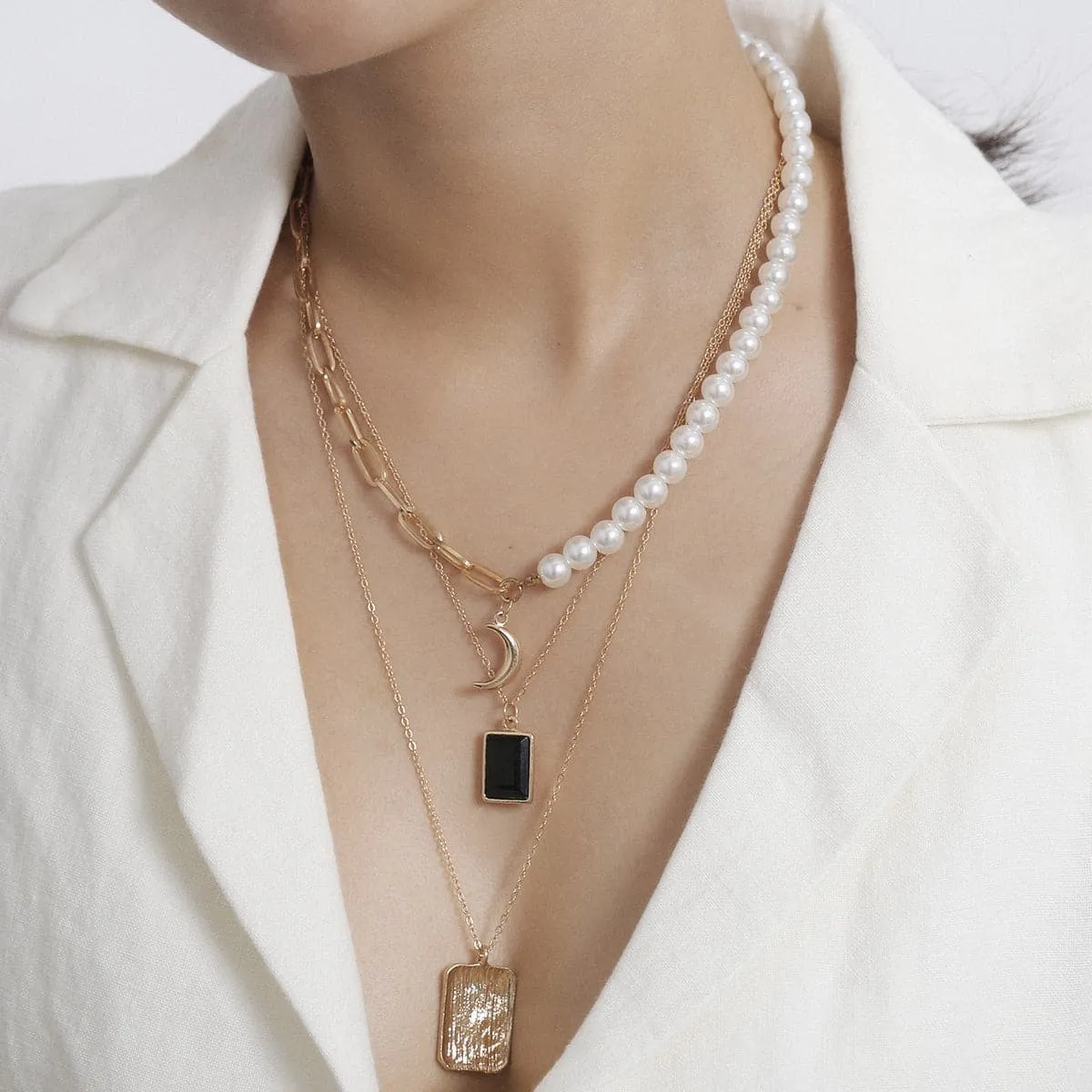 Pearl & Crystal 18K Gold Plated Moon Layer Pendant Necklace
