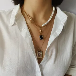 Pearl & Crystal 18K Gold Plated Moon Layer Pendant Necklace